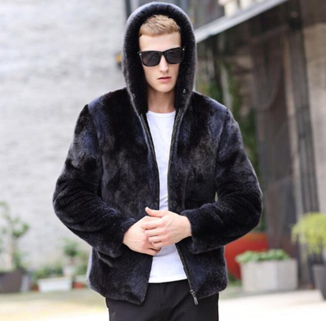 

Autumn hooded faux mink leather jacket mens winter thicken warm short fur leather coat men jackets jaqueta de couro fashion B52, Black