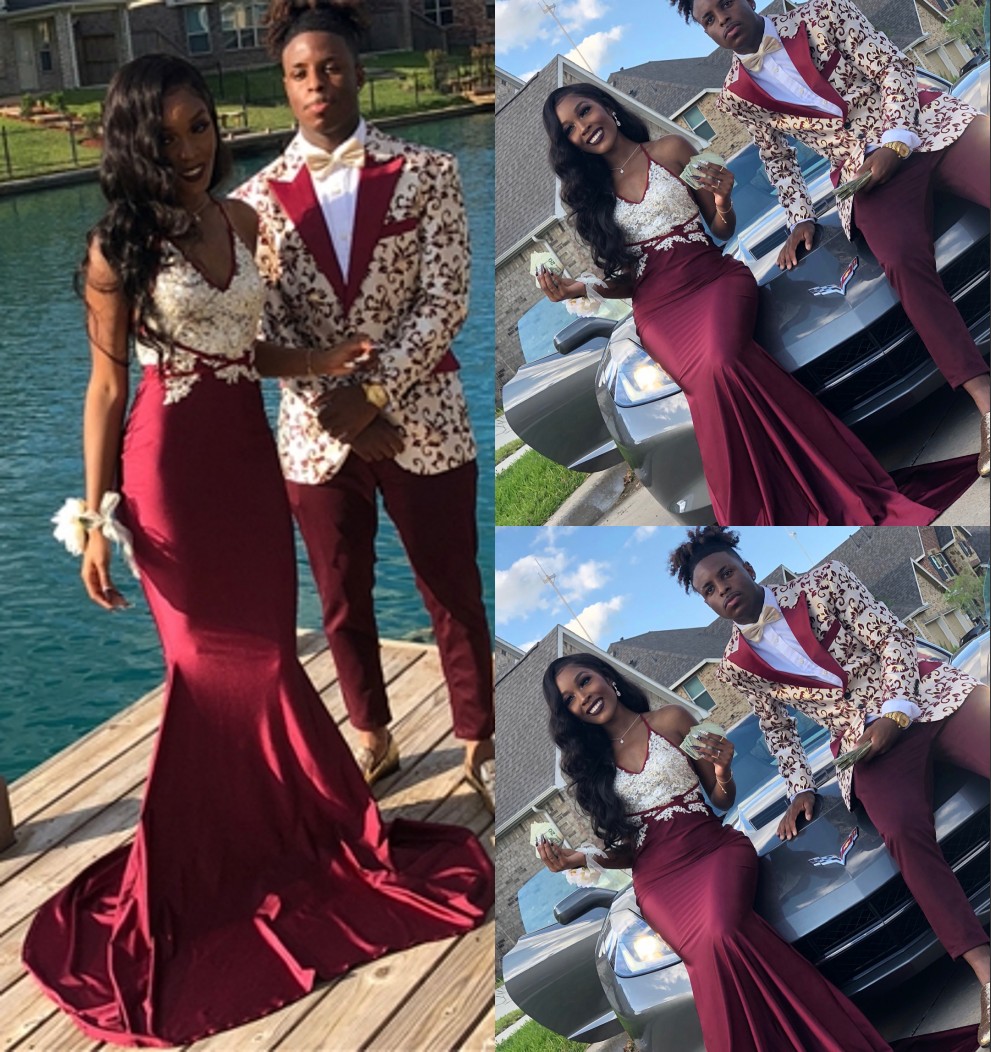 

Elegant Sleeveless Prom Dresses Appliqued Mermaid Burgundy Black Girls Court Train Plus Size African Evening Gowns Formal Wear, Dark red