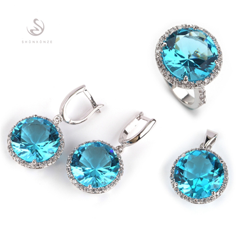 

SHUNXUNZE Explosion models Punk Wedding jewelry sets (ring/earring/pendant) for women Blue Cubic Zirconia Rhodium Plated R748set size 6 - 12