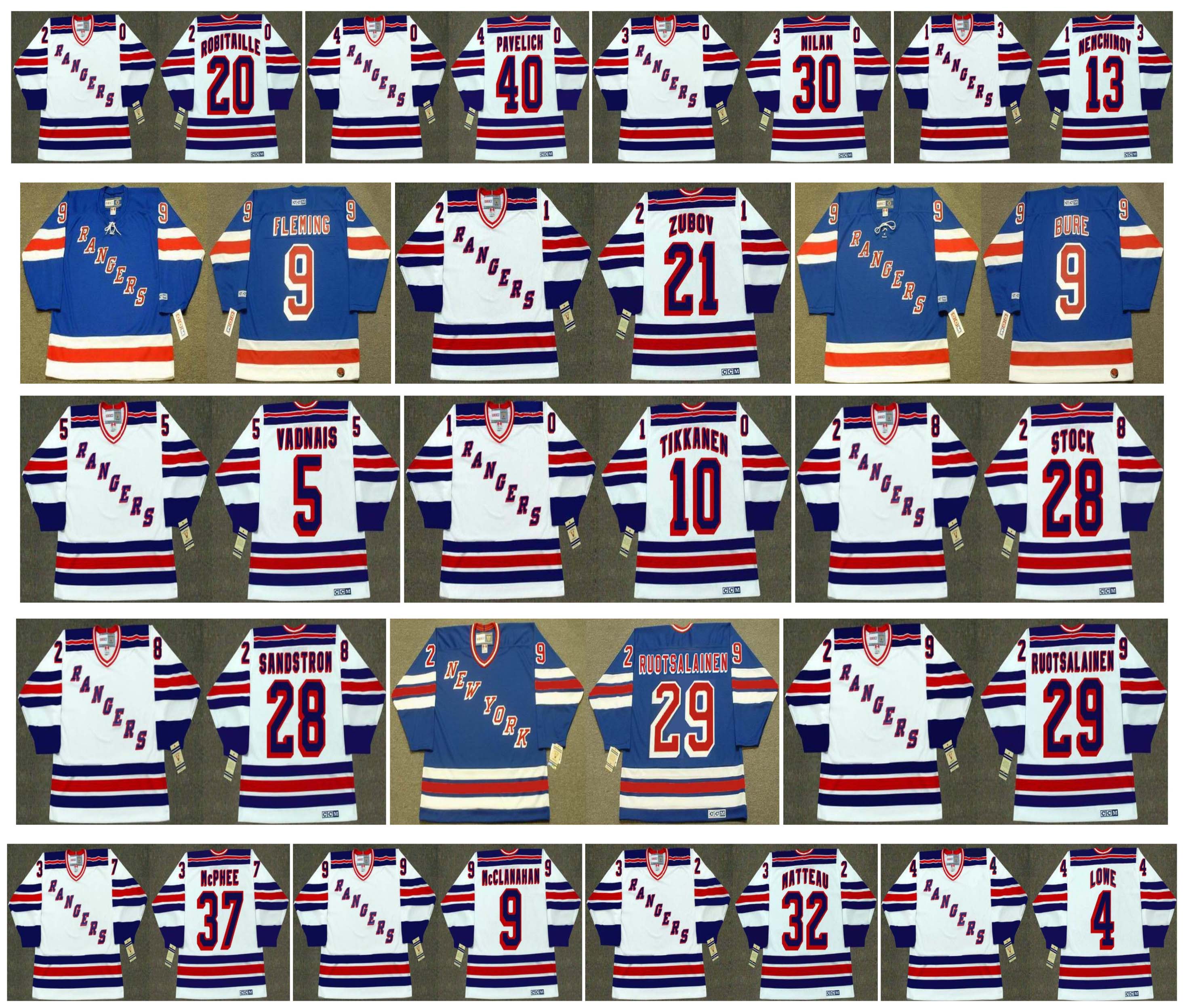 

Vintage New York Rangers Jerseys 30 CHRIS NILAN 29 REIJO RUOTSALAINEN 20 LUC ROBITAILLE 40 MARK PAVELICH 13 Sergei Nemchinov Retro Hockey, As pic