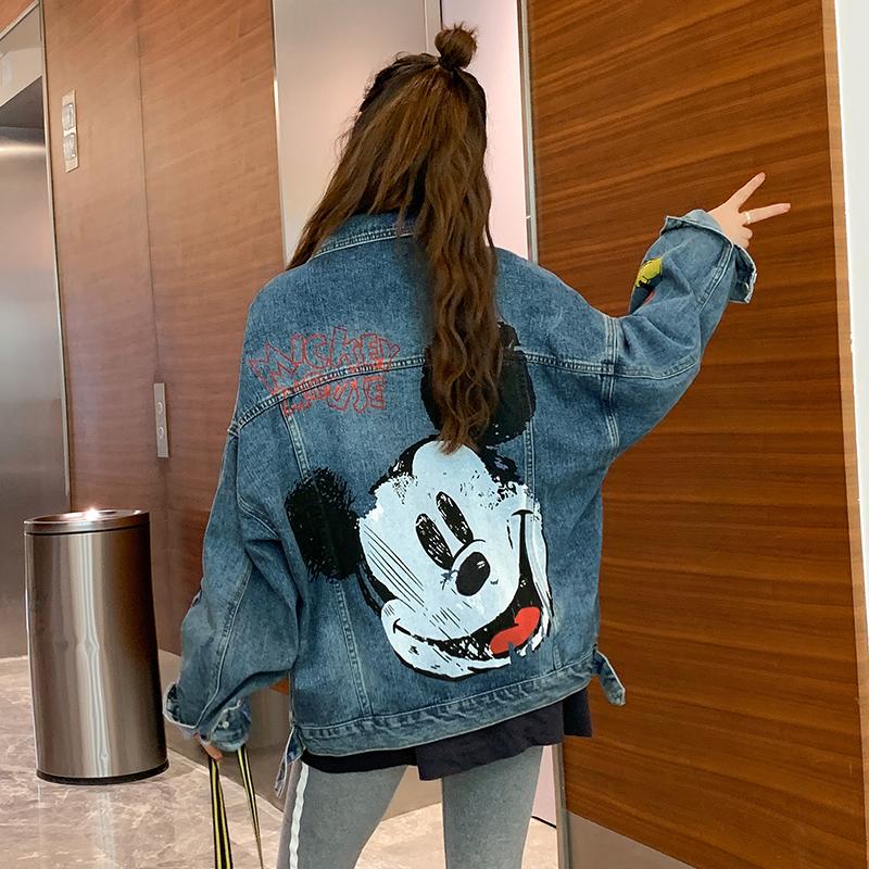 

women cartoon print denim jacket long sleeve turn down loose jeans coat casual outwears spring autumn BF F167, Blue