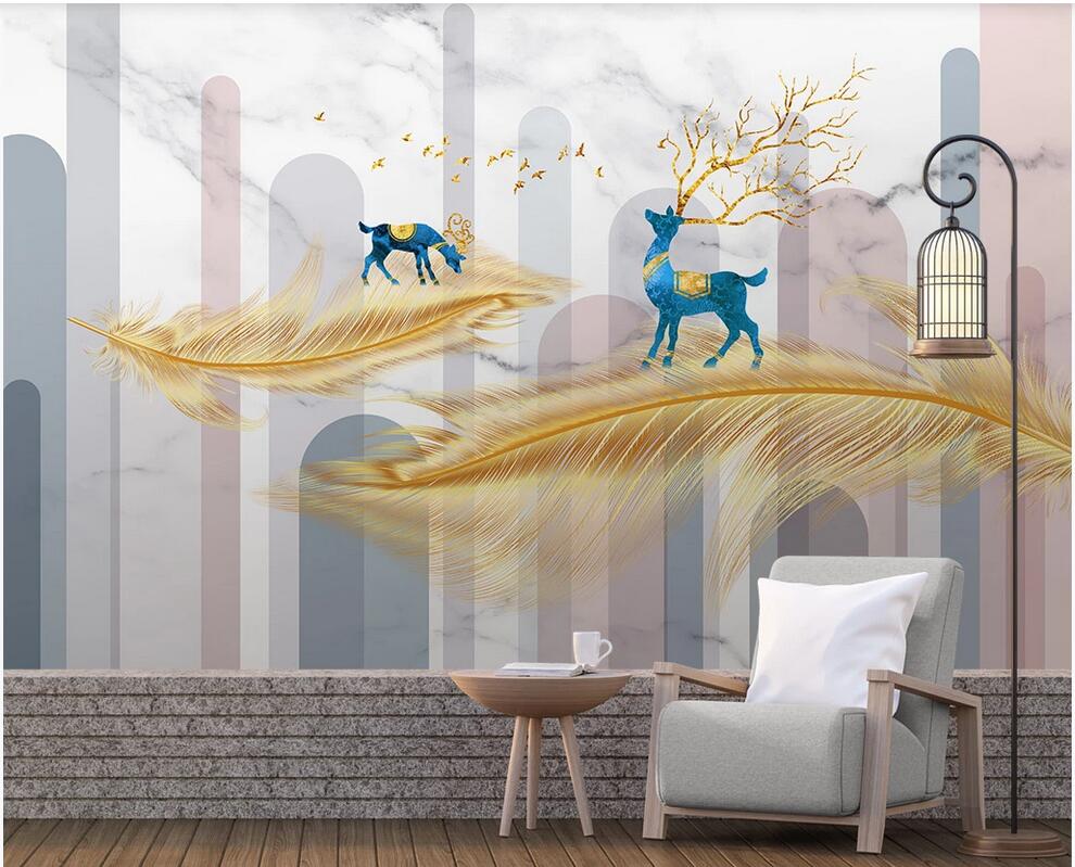 

WDBH 3d wallpaper custom photo modern Modern minimalist geometric pattern golden feather elk background wall wallpaper for walls 3 d, Non-woven