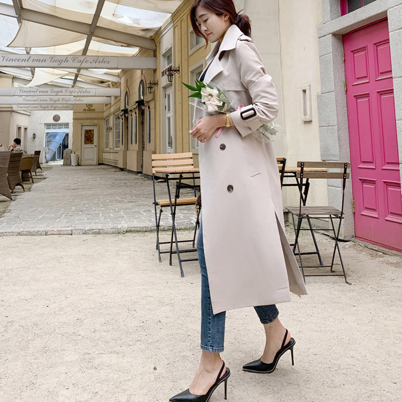 

Women's long trench belt oversized khaki red Black high quality trench coat for women 2020