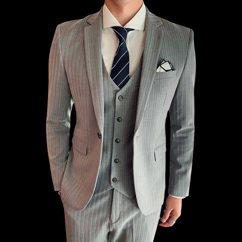 

2020 suit men's three-piece youth Korean version slim suit groomsman wedding dress British wind 3pcs Sets (Jacket+Pant+Vest), Black
