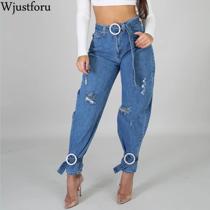 

Wjustforu Casual Ripped Bandage Jeans For Women Fashion Elegant Hole Denim Pants Female Winter Straight Jean Pants Vestidos, Blue