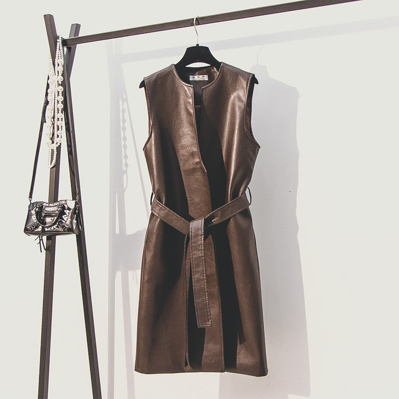 

Women Faux Leather Jackets 2019 Autumn Winter New Fashion Waistcoat Coat Sleeveless Casual Outerwear With Belt Slim Jacket R425, Khaki