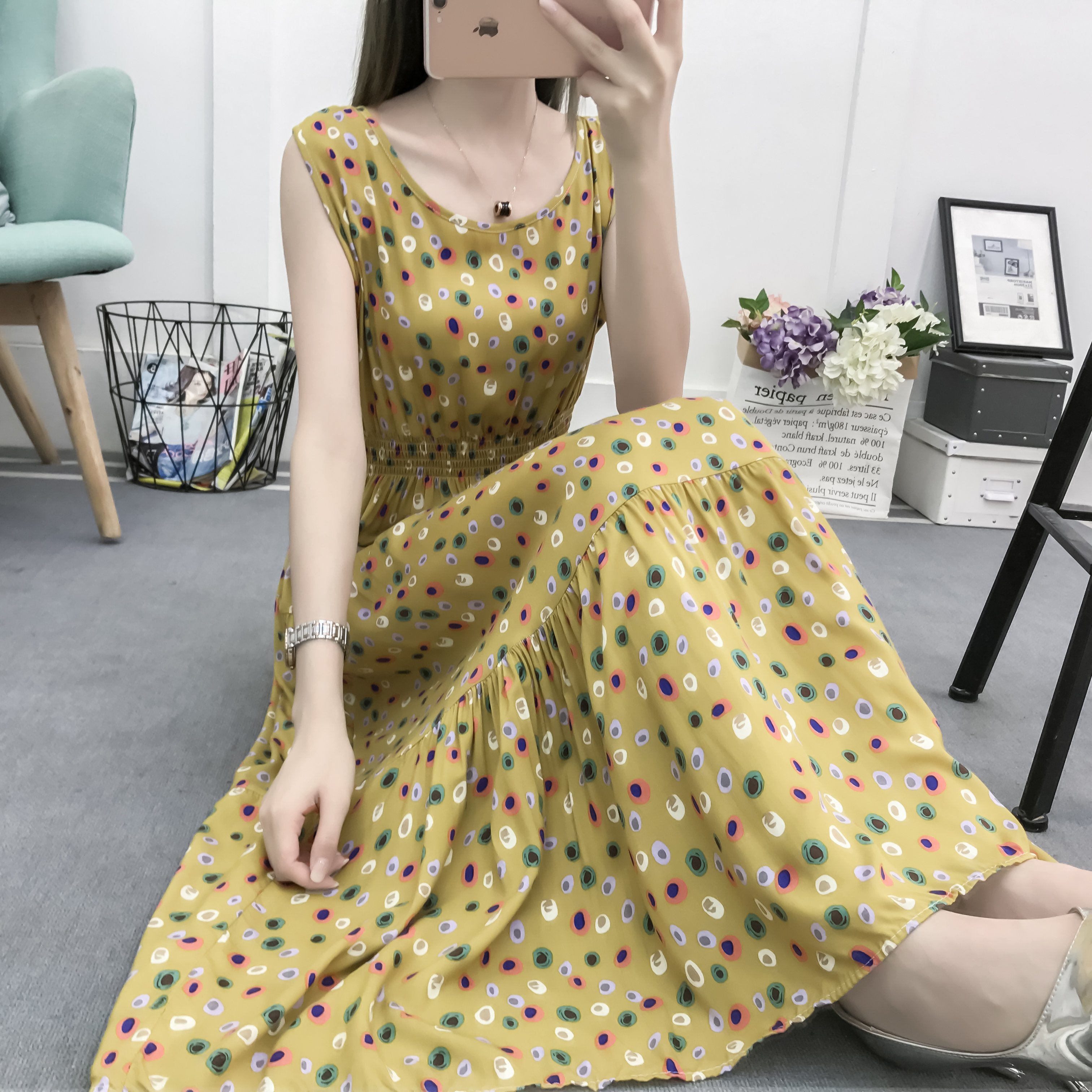 

Wholesale women's summer new big swing waist slimming sleeveless floral beach vacation long skirt cotton silk vest dress, 10#