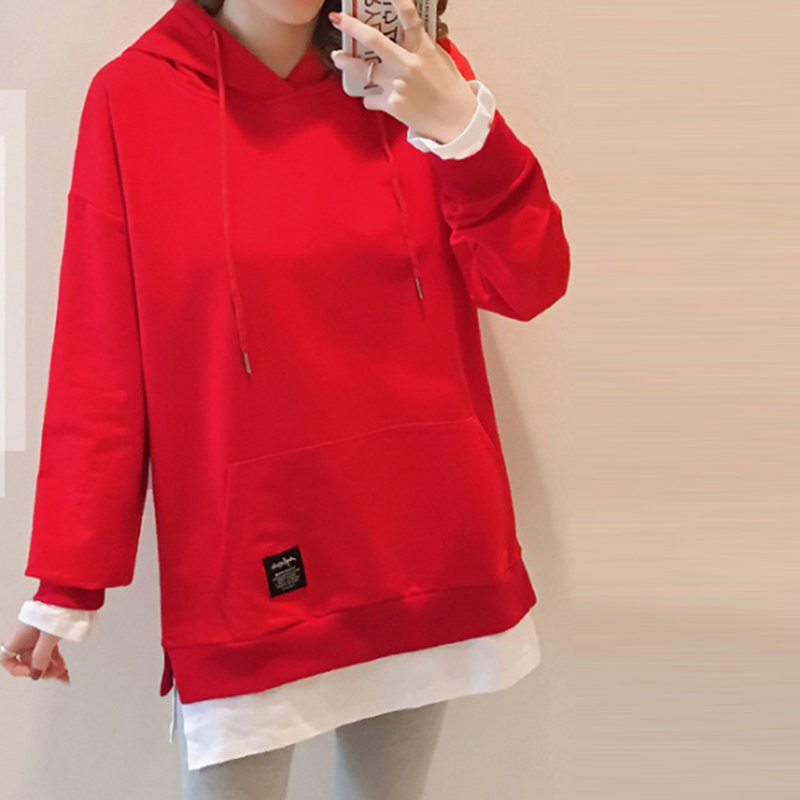 

Female Skateboard Hoodie Fashion Sports Korean Version Fake two-piece Hooded Sweater Fitness Sportswear Robe Female, Black