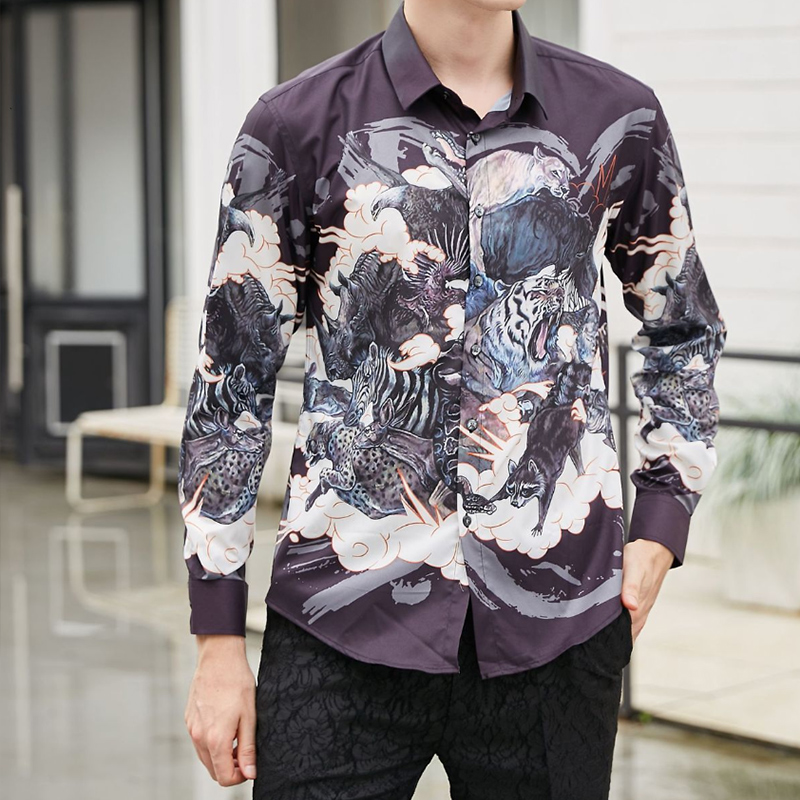

Men Shirt high quality Long Sleeve Casual Slim Fit Mens Shirts Spring Fashion Printing Streetwear Male Clothes Camisa Masculina, Print