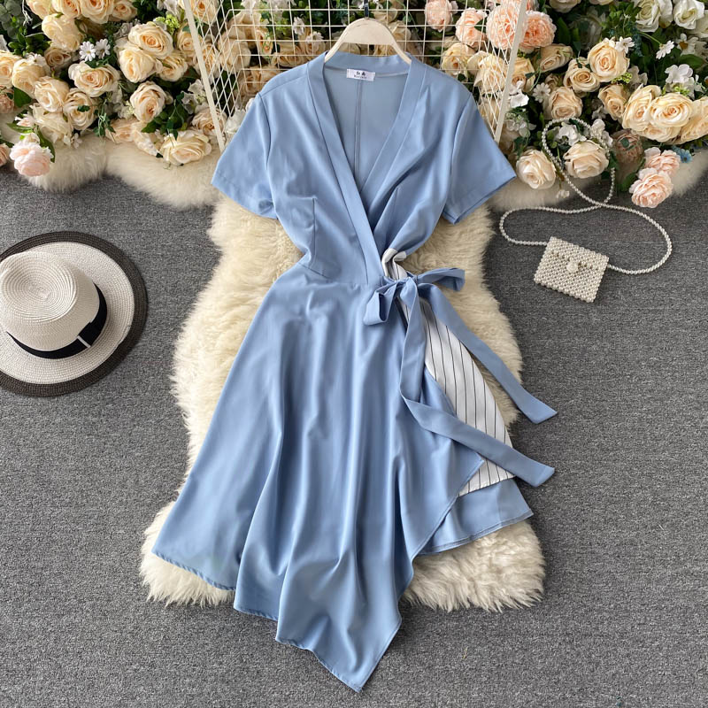 

FMFSSOM Summer Spring V-Neck Sashes Irregular Patchwork Strip Women Female A-line High Waist Midi Dress Midi Dress, Pink