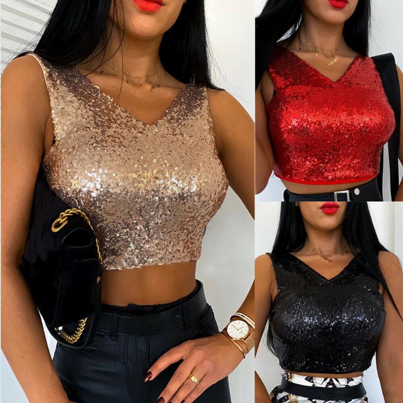 

Summer Sexy Women' Sequin Sparkle Glitter Crop Tops Shirt Sleeveless Tank Top Party Club Sleeveless V-neck Top Clothes, Black
