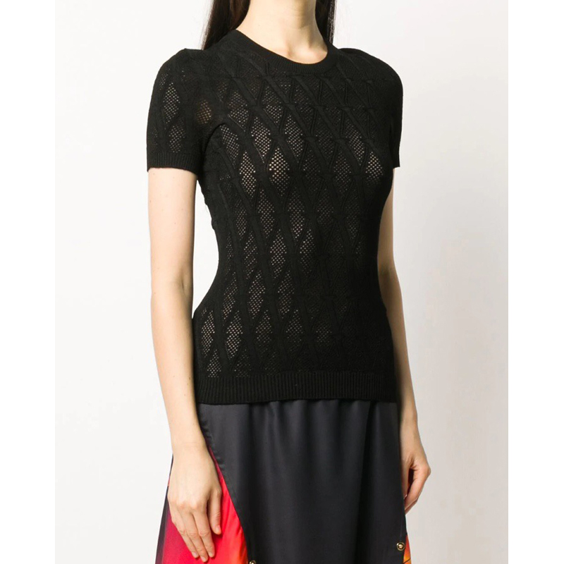 

6.11 2020 Summer High end Women Hollow out Solid Colors Knitted T-Shirts 3 Color, Black