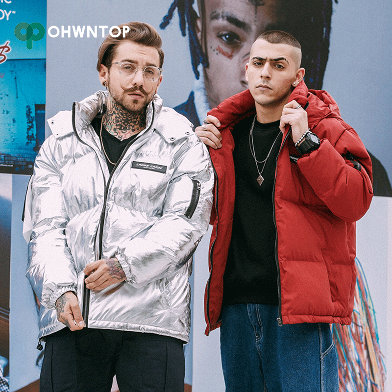 

Warm Winter Jacket New Fashion Bomber Detachable Hooded Thick Coat Male High Street Men Silver Jackets Hip Hop Windbreaker Coats, Black