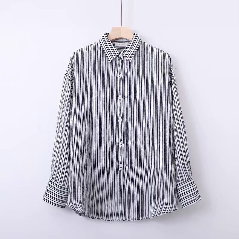 

2020 New Fashion Brand Oversize Plus Size Shirt Turn-down Collar Full Casual Striped, Ivory