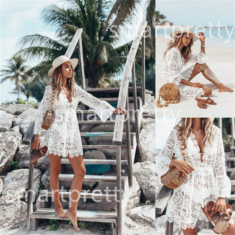 

Summer Women Bikini Cover Up Floral Lace Hollow Crochet Swimsuit Cover-Ups Overall V-Neck Bathing Suit Beachwear Tunic Beach Dress NEW LY314, Random colors or remarks