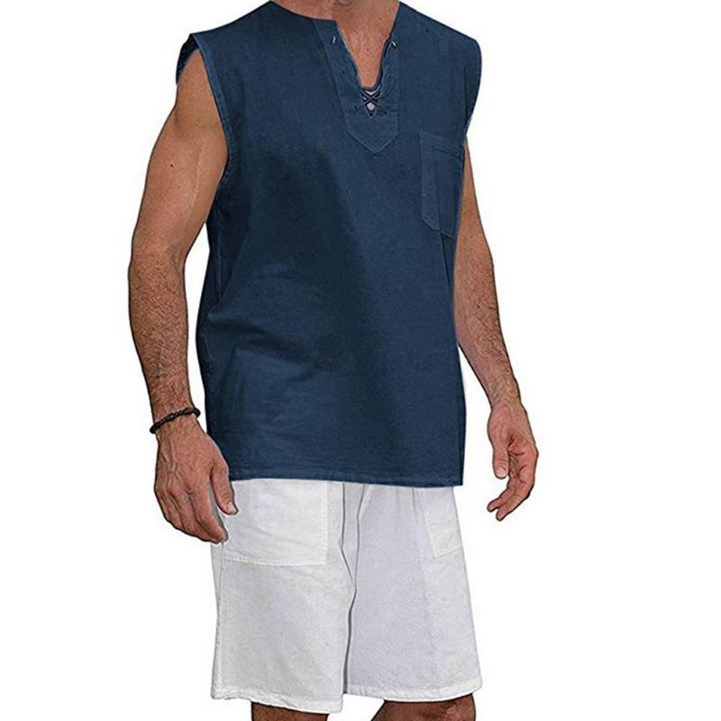 NOUVEAU Mode Hommes Été Débardeur sans manches Débardeur en V Chemise à col en V Pêcheur Tops de loisirs Sports de loisirs Chemise de lin de spor