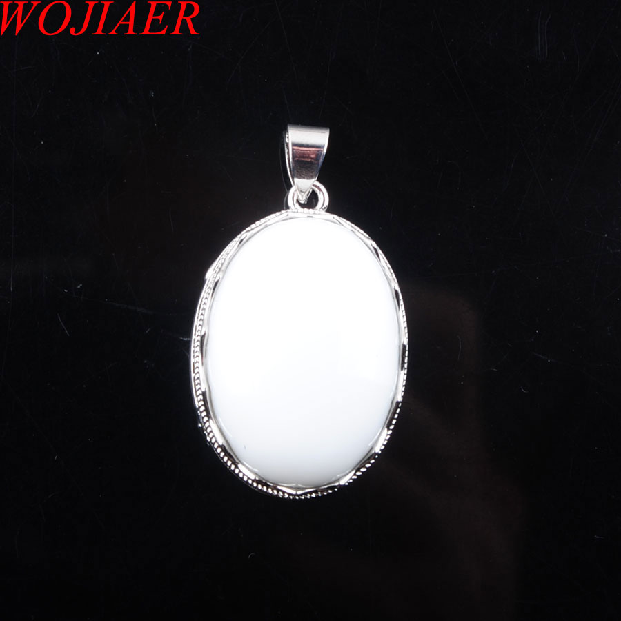

WOJIAER Natural White Jade Gem Stone Oval Pendants Bead Silver Necklaces&Pendant for Women Men Jewelry DN3327