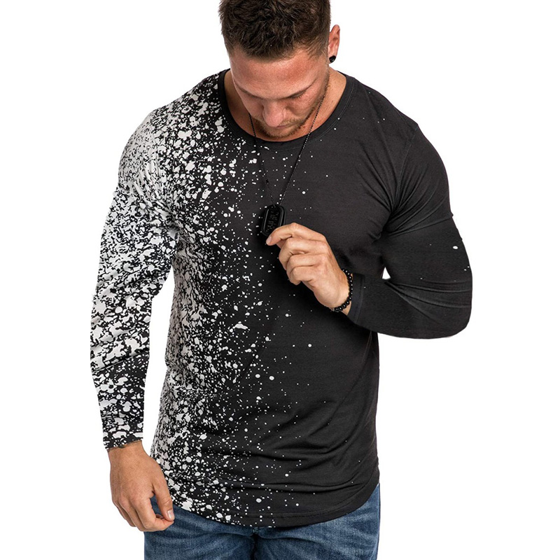 

QNPQYX New Men Snowflake Spots Pattern t Shirt Autumn Fashion O-neck Casual Gradient long Sleeve t Shirts Slim Tee Camisetas dropshipping, White