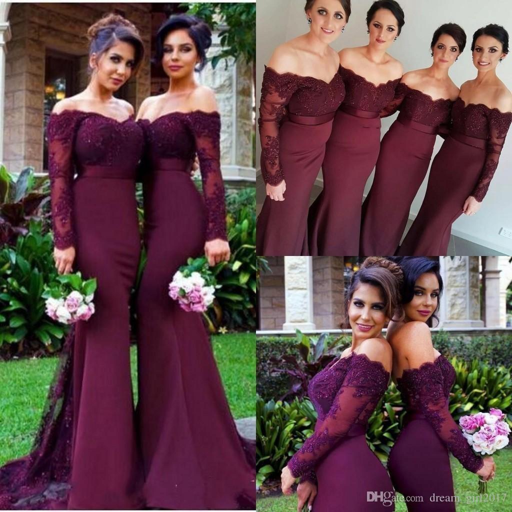 maroon off the shoulder bridesmaid dress