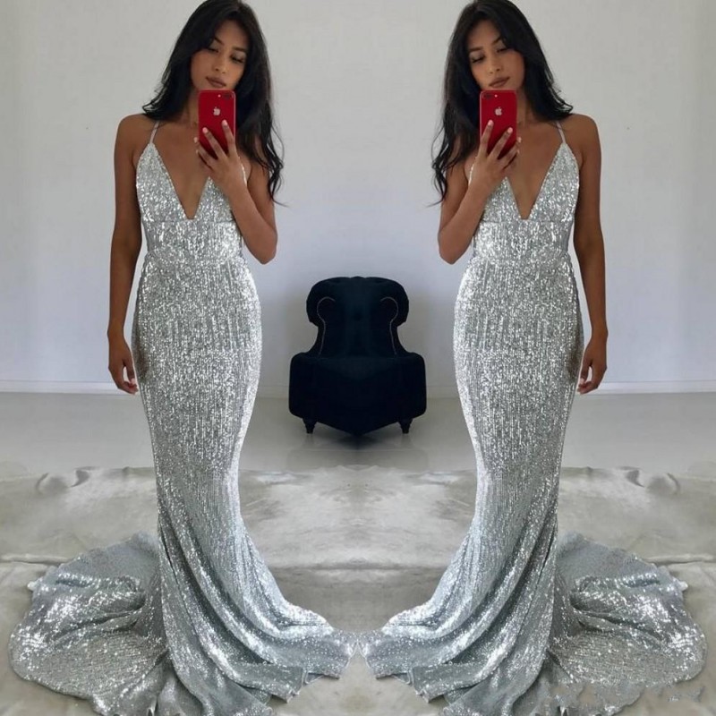 

2019 Gorgeous Deep V Neck Silver Mermaid Prom Dresses Sparkly Sequined Evening Pageant Gowns Custom Made, Green