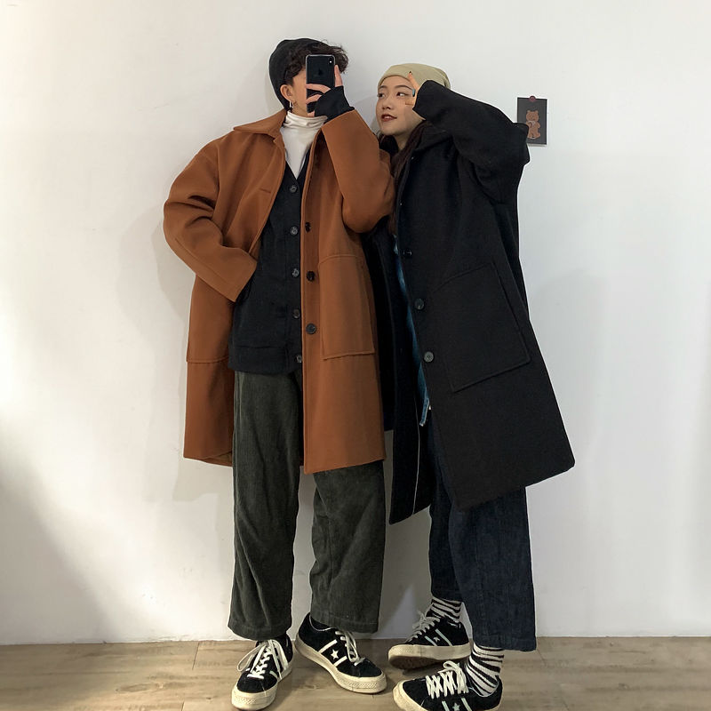 

Winter Thick Woolen Coat Men's Warm Fashion Solid Color Casual Couple Woolen Coat Men Streetwear Loose Long Jacket Mens, Black