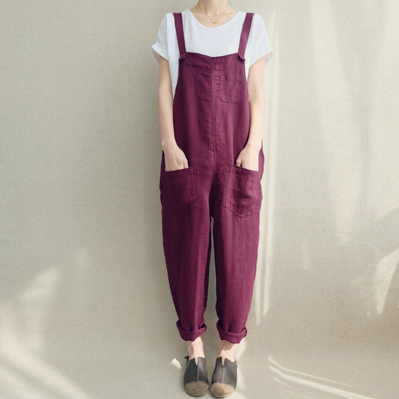 

2020 ZANZEA Women Strappy Bib Overalls Pockets Summer Cotton Linen Long Jumpsuits Casual Solid Dungarees Loose Rompers Plus Size, Black