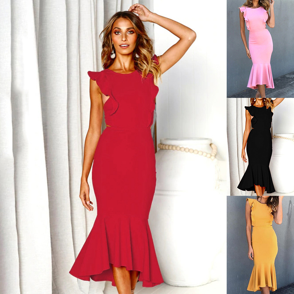 red strappy tie waist fishtail midi dress