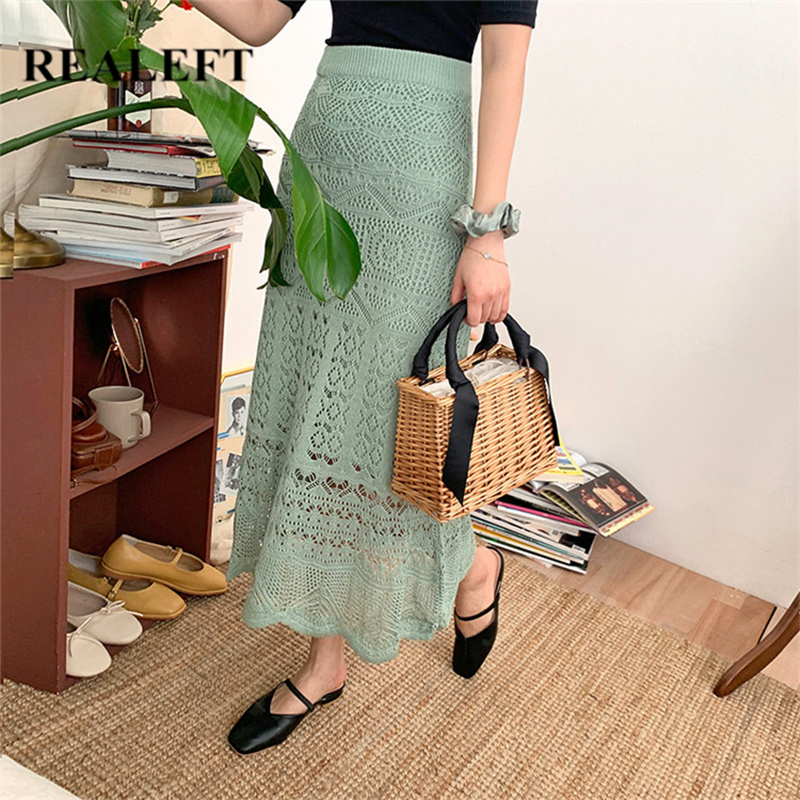 

REALEFT 2020 New Summer Bohemian Lace Crochet Long Skirts High Waist Knitting Hollow Out Chic Elegant Sheath Skirts Female, Green