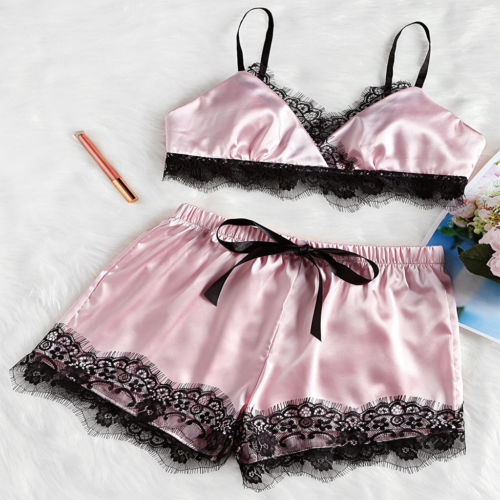 

2pcs Womens Lady Sexy Satin Lace Sleepwear Babydoll Lingerie Nightdress Pajamas Set Bra Shorts Clothes Set