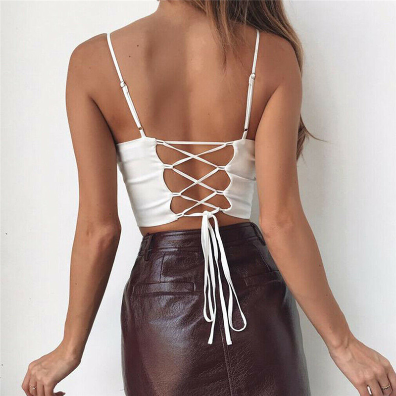 

Summer Women Crop tops Sexy Fancy Solid Sleeveless Strapless Sling Vest Tanks Fashion Club Bandage Hollow Backless Camisoles, Black