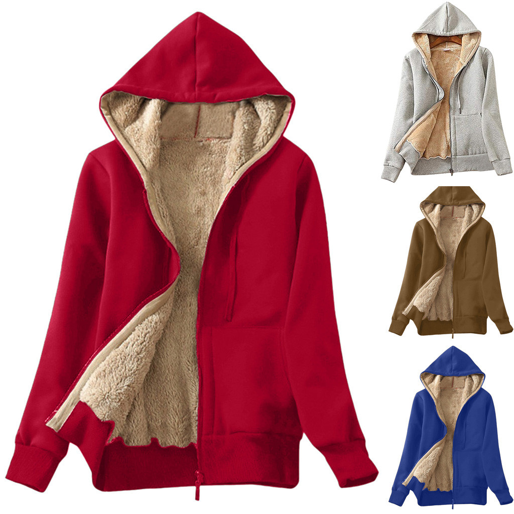 

Women's Casual Winter Warm Sherpa Lined long Sleeve Zip Up Hooded Plus Velvet Composite Sweatshirt Jacket Soft Coat Dropship, Khaki