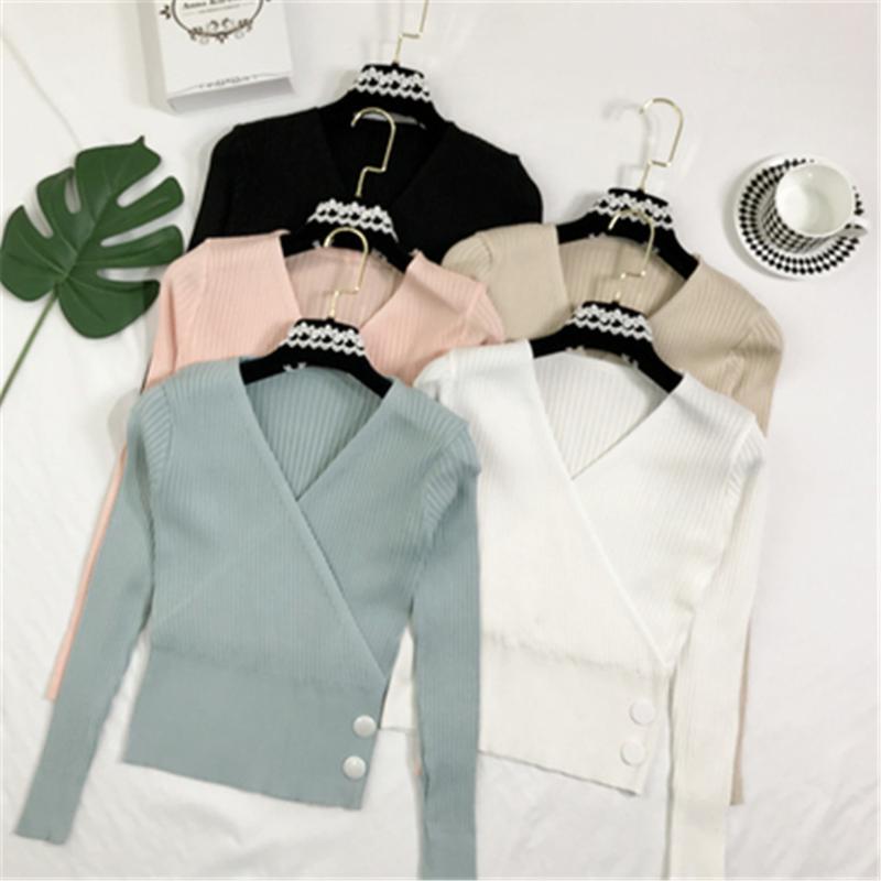 

2020 Autumn Women Sweater Sexy Cross V-neck Slim Button Solid Short Pullovers Ladies Long Sleeve Bodycon Bottom Jumpers PZ3385, Yellow short sleeve