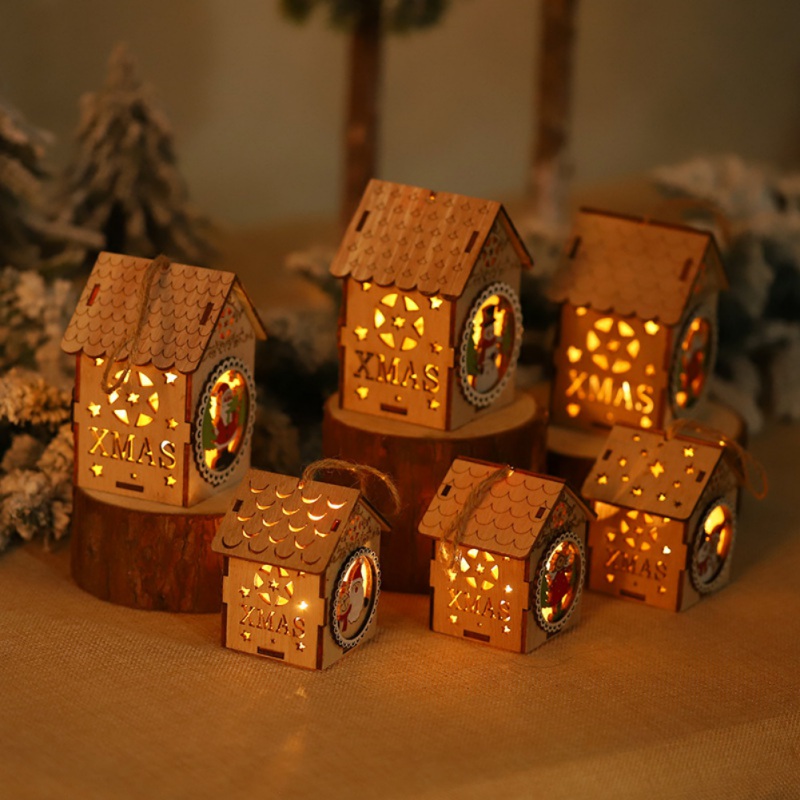 

LED Light Up Christmas Wooden House With Hanging Rope For Indoor Christmas Tree Ornaments Party Holiday Decor