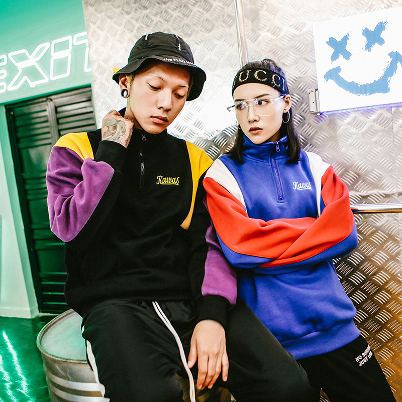 

Brand Designer Harajuku Color Block Sweatshirt Pullover Streetwear Men Hip Hop Vintage Hoodie Half-Zip Cotton Fleece Winter Autumn, Black