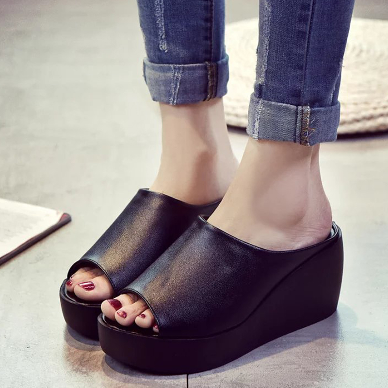 

Women Platform Sandals Open Toe Thick Wedges Soft Sole Summer Beach Slippers Shoes H9, Black