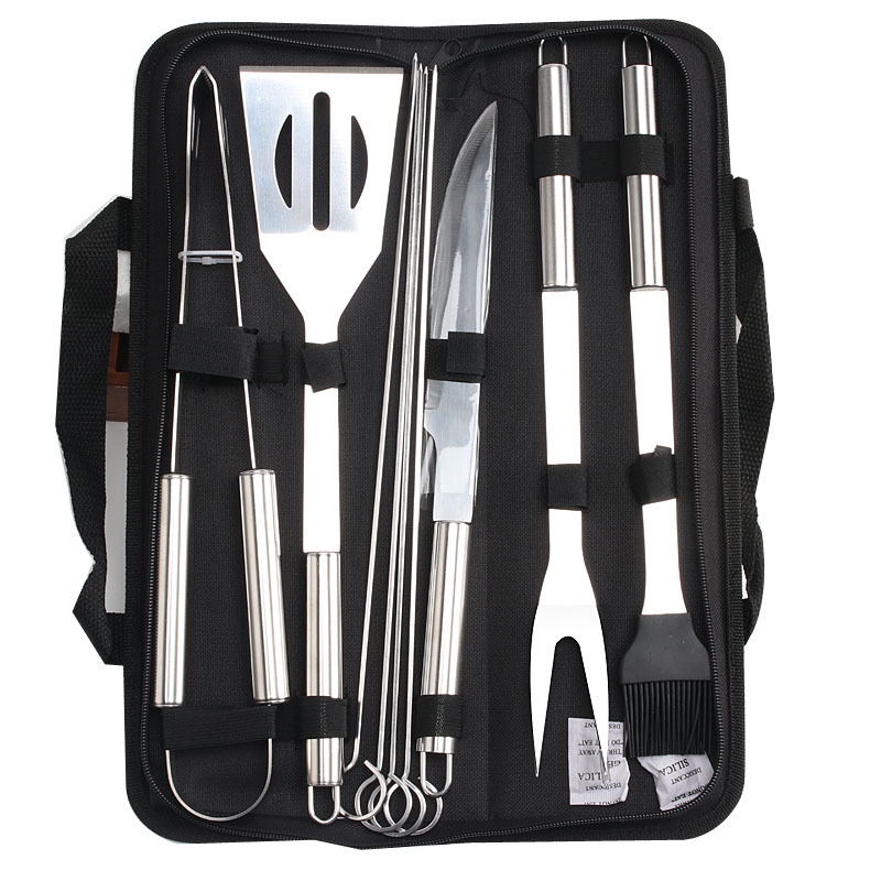 

9pcs/Set Stainless Steel BBQ Tools Outdoor Barbecue Grill Utensils With Oxford Bags Grills Clip Brush Knife Kit VT1146, Silver