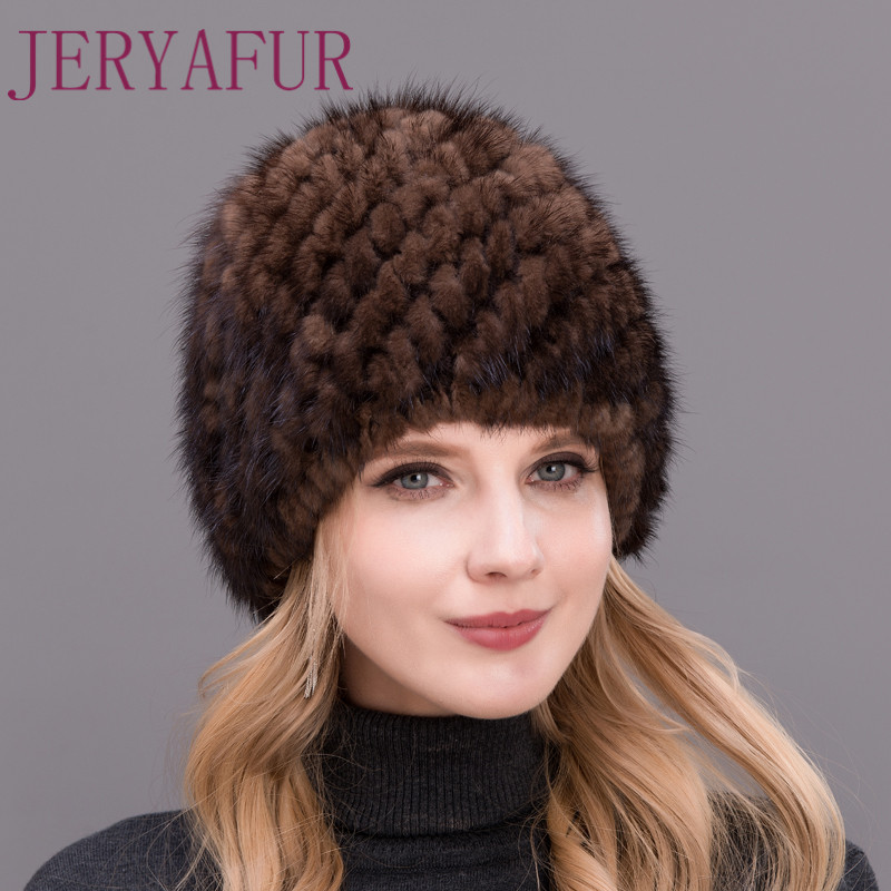 

Winter women's hat made of real mink wool knitted striped hat Casual made of Russian natural mink hair, Color4