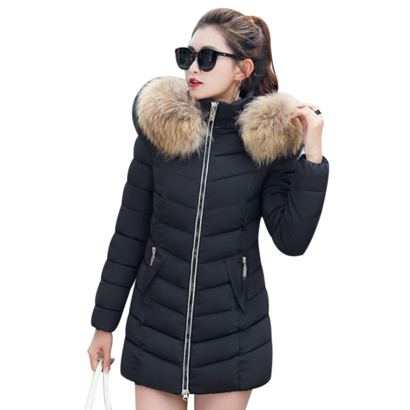 

Women Winter Parka Big Fur Collar Hooded Quilted Jacket Warm Down Coat, Red