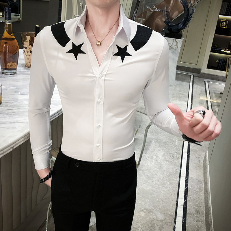 

Fashion Spring Autumn Long Sleeve Print Men Streetwear Casual Slim Fit Party Dress Shirt High Quality British Style Shirt Men, Black