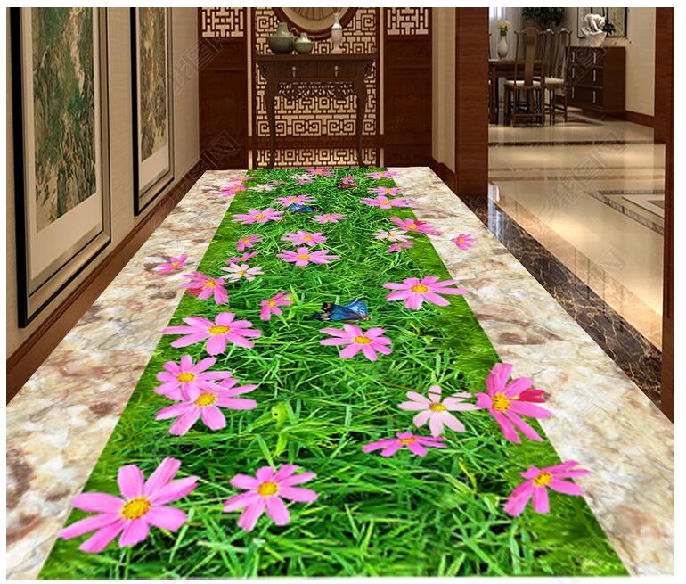 

3d pvc flooring custom photo Waterproof Self-adhesive floor HD green flower meadow corridor aisle living room home decor wallpaper for walls, Pink