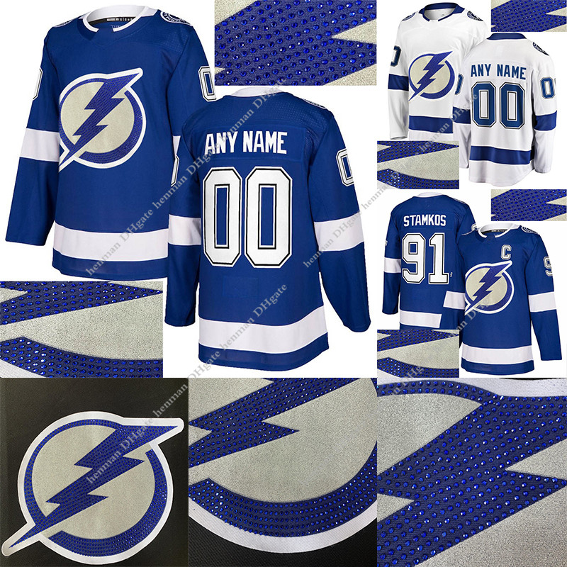 

Tampa Bay Lightning Hot drilling version jerseys 91 Steven Stamkos 86 Nikita Kucherov 77 Hedman Customize any name any number hockey jersey, White