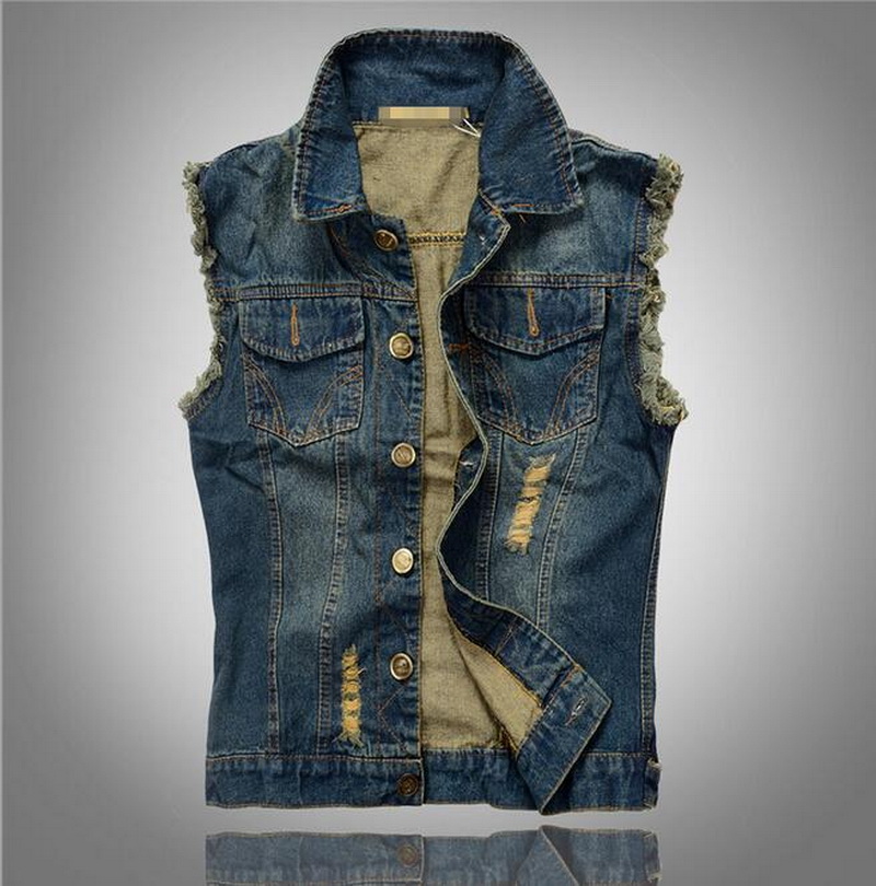 

VXO Lapel Denim Vest Jacket Hip hop cow boy Waistcoat denim Outerwear patchwork vest motorcycle club, Blue