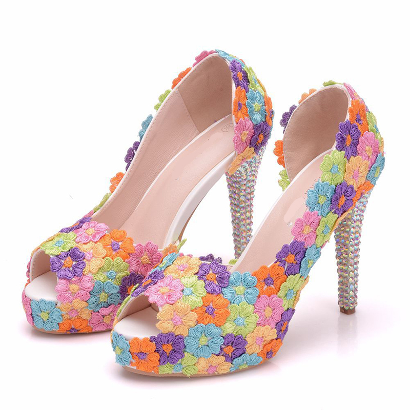 

Peep Toe Wedding Shoes Cut-outs Mix Lace Flower Women Pumps Rhinestone Heel Bridal Dress Shoes 4 Inchese High Heel Party Pumps, Multicolor