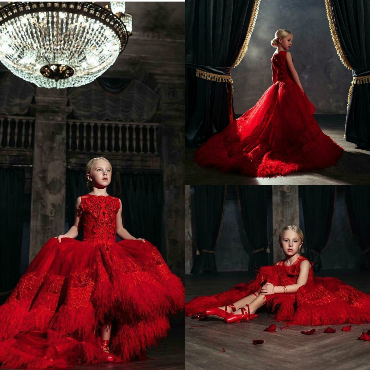 

High Low Flower Girl Dresses Lace Appliques Feather Red Little Kids Birthday Party Gift Luxury Girls Pageant Gowns, Champagne
