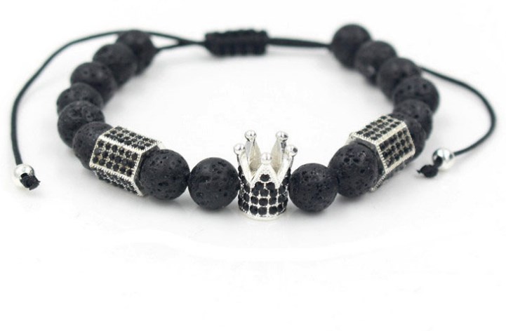 

8mm oygh4 gold silver Copper crown black stone volcanic lava micro pave cz zircon cubic zirconia Bracelet Charm Braided Yoga