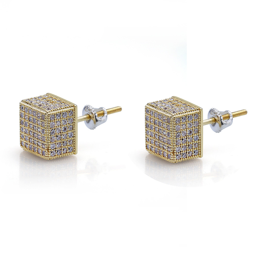 

Mens Earrings Micro Pave Square CZ Gold Plated Iced Out Diamond Bling Stud Earings