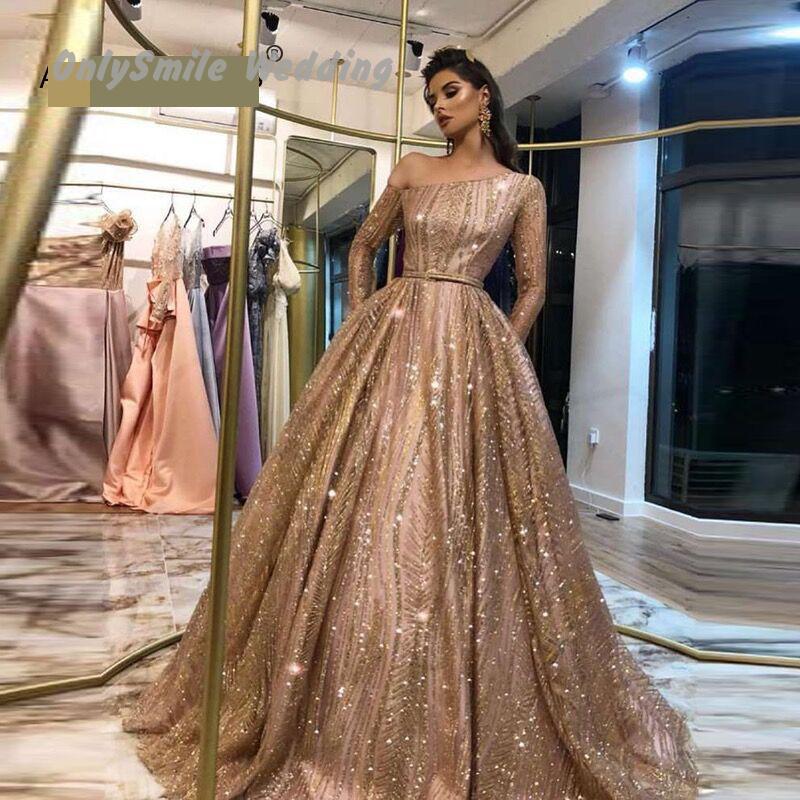

Custom Made Long Sleeves Gold Evening Dress 2019 One Shoulder Glitters Lace Arabic Abendkleider Abiye Gece Elbisesi Party Gown, Picture color