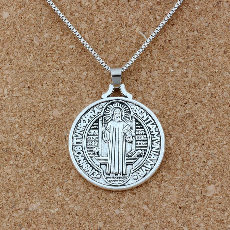 

25pcs /lots Antique Silver St Benedict of Nursia Patron Against Evil Cross Medal Religious Pendant Necklaces 23.6inches 32X42mm Pendant A-48