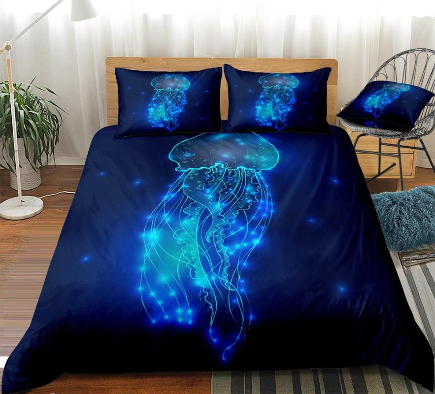 

Ocean Jellyfish Duvet Cover Set Ocean Bedding Set Dark Blue Bed Linen Marine Life Bed Sea Jellyfish Home Textile Bedclothes, Blue 1