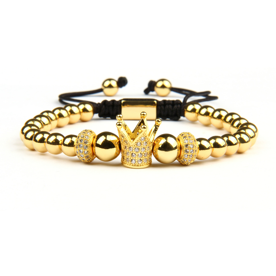 

New Clear Cz Cylinders Crown Braiding Men Bracelet Wholesale 6mm Top Quality Brass Beads Party Gift Jewelry